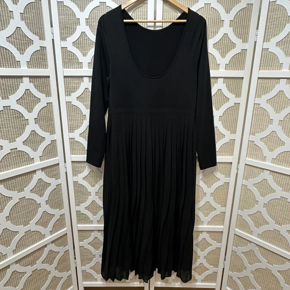 J.Crew Pleated Maxi Dress Women L Black Long Sleeve Scoop Neck Modest Minimalist